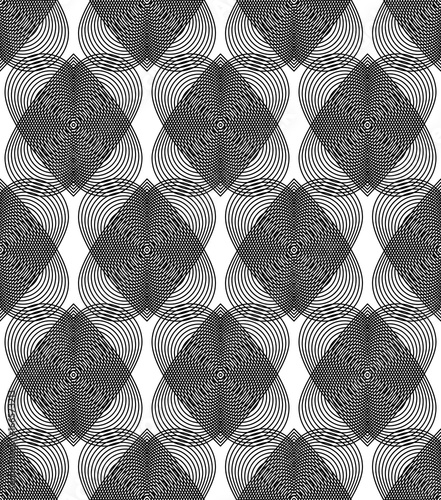 Geometric monochrome stripy overlay seamless pattern, black and white vector abstract background. Graphic symmetric backdrop with romantic hearts, Valentine Day theme.