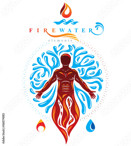 Vector illustration of human being standing, mythic ancient god. Prometheus surrounded by a water ball, water and fire diversity and harmony.