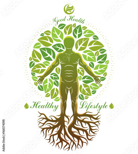 Vector illustration of individual, mystic character composed with tree roots and leaves. Vegetarian lifestyle concept.