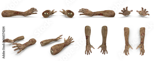 scary zombie hands renders set from different angles on a white. 3D illustration