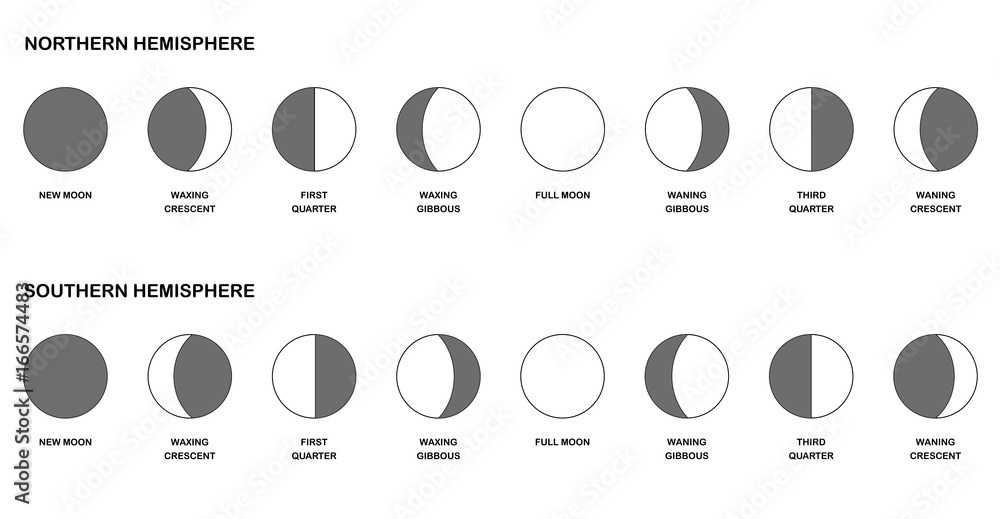 Phases of the moon chart - comparison of the opposite lunar phases watched from northern and southern hemisphere - different shapes with names. Vector illustration on white background.