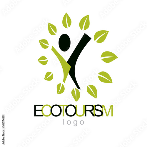 Vector illustration of joyful abstract individual with raised hands up. Ecotourism conceptual logo. Environmental conservation theme icon. Green ecology metaphor.