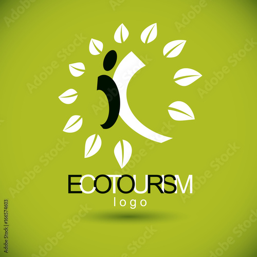 Vector illustration of happy abstract human with reaching up. Ecotourism conceptual logo. Green tourism symbol. Wanderlust and countryside vacation icon.