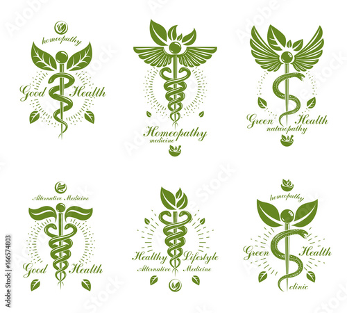 Collection of Caduceus logotypes composed with poisonous snakes and bird wings, healthcare conceptual vector illustrations. Alternative medicine theme.