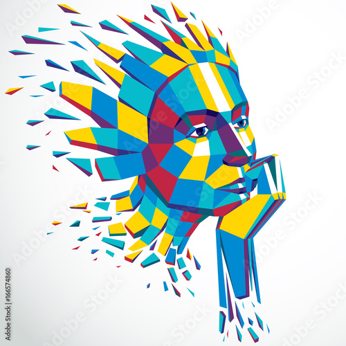 Face of a thinking woman created in low poly style, 3d vector human head, brain exploding which symbolizes intelligence and imagination.