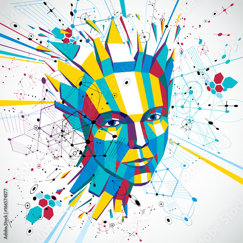 3d vector low poly portrait of a smart woman, human thoughts metaphor. Artistic background made using retro Bauhaus style visual elements, honeycombs and circles and connected lines.