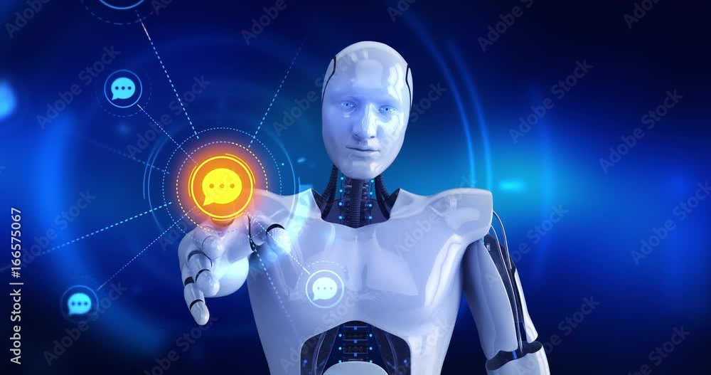 Humanoid robot touching on screen then chat symbols appears. 4K+ 3D animation concept. Humanoid robot touching on screen then chat symbols appears. 4K+ 3D animation concept.