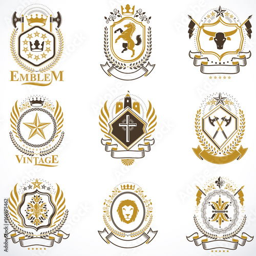 Vintage decorative heraldic vector emblems composed with elements like eagle wings  religious crosses  armory and medieval castles  animals. Collection of classy symbolic illustrations.