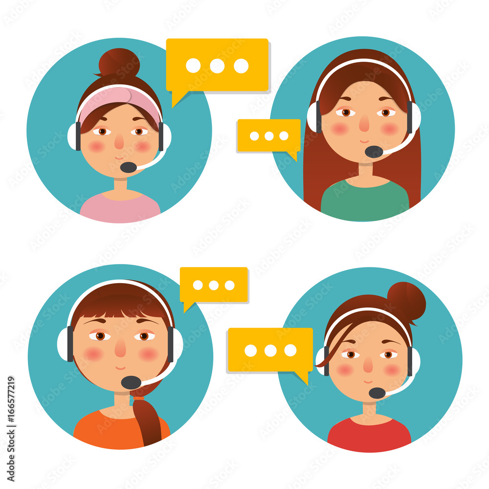 Call center operator icon with headset. Female call center avatar. Client service and communication concept. Vector Call center operator icon with headset. Female call center avatar. Client service and communication concept. Vector