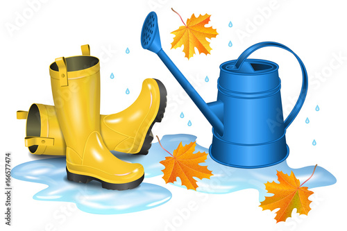 Yellow gumboots in puddle, blue watering can and falling orange maple leaves. Autumn, gardening, season illustration. Rainy day. Realistic vector.
