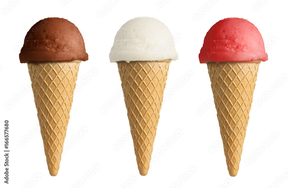 Set of different ice cream cones isolated on whit background