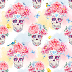Sierkussen Doodshoofd met bloemen patronen Aquarel schedel vectorpatroon met bloemen  © Zenina-Lembrik