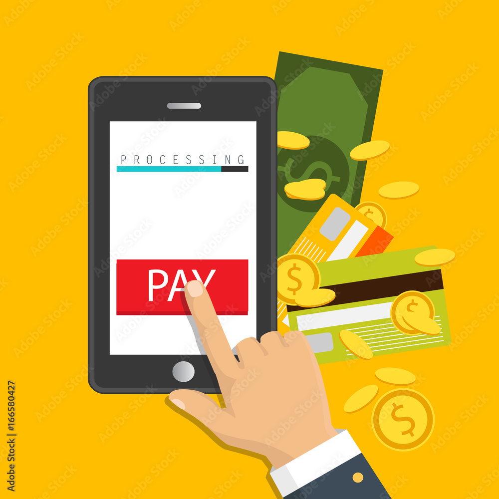 Vector illustration. Mobile payment concept. Hand holding a phone. Smartphone wireless money transfer. Flat design. Vector illustration. Mobile payment concept. Hand holding a phone. Smartphone wireless money transfer. Flat design.