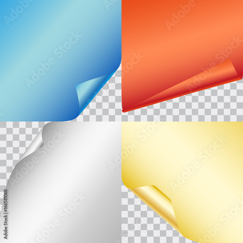 Set of four vector colorful shiny papers with curled corners isolated on transparent background