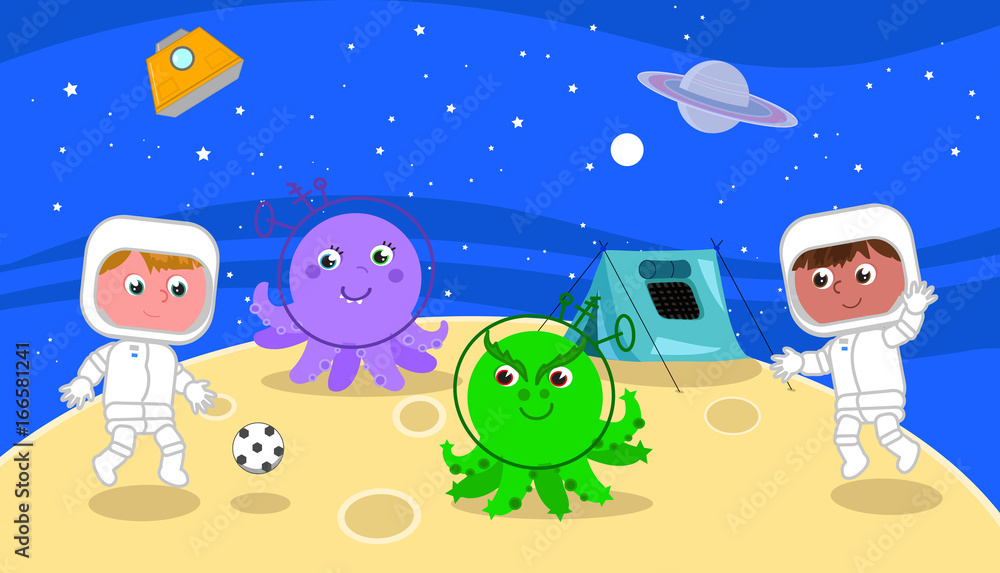 Spacemen playing soccer with cartoon aliens