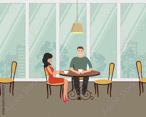 Couple in the cafe. There is a young woman and a man, sitting at the table on a window background in the picture. Vector flat illustration.