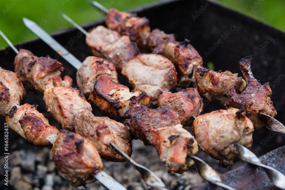 BBQ meat on grill in green summer garden