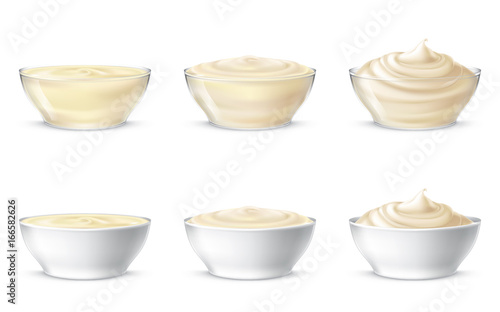 Set vector illustration of mayonnaise, sour cream, sauce, sweet cream, yogurt, cosmetic cream for face and body, swirling in a transparent and white bowl, in realistic style, isolated. Print, template