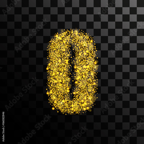 Number zero of gold glitter and glitter. Vector illustration on a transparent dark background.
