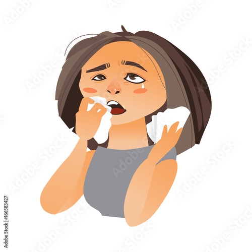 Woman with rhinitis wiping nose with paper tissue, having flu, allergy, cartoon vector illustration isolated on white background. Half length portrait of girl, woman suffering rhinitis, runny nose