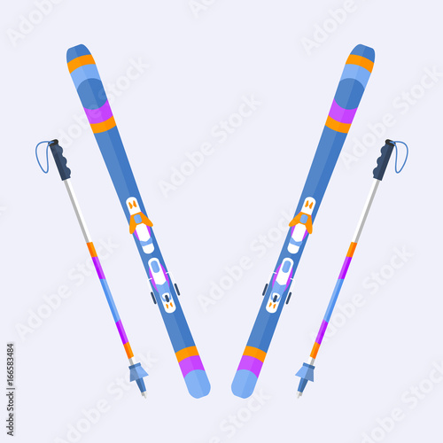 Pairs of skis and sticks, poles, flat style vector illustration isolated on background. Flat vector ski and ski poles, colorful illustration