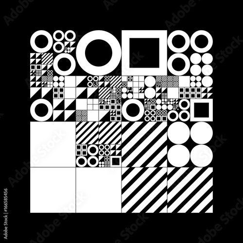 Subdivided grid system with symbols. Randomly sized objects with fixed space between. Futuristic minimalistic layout. Conceptual generative background. Procedural graphics. Creative coding.