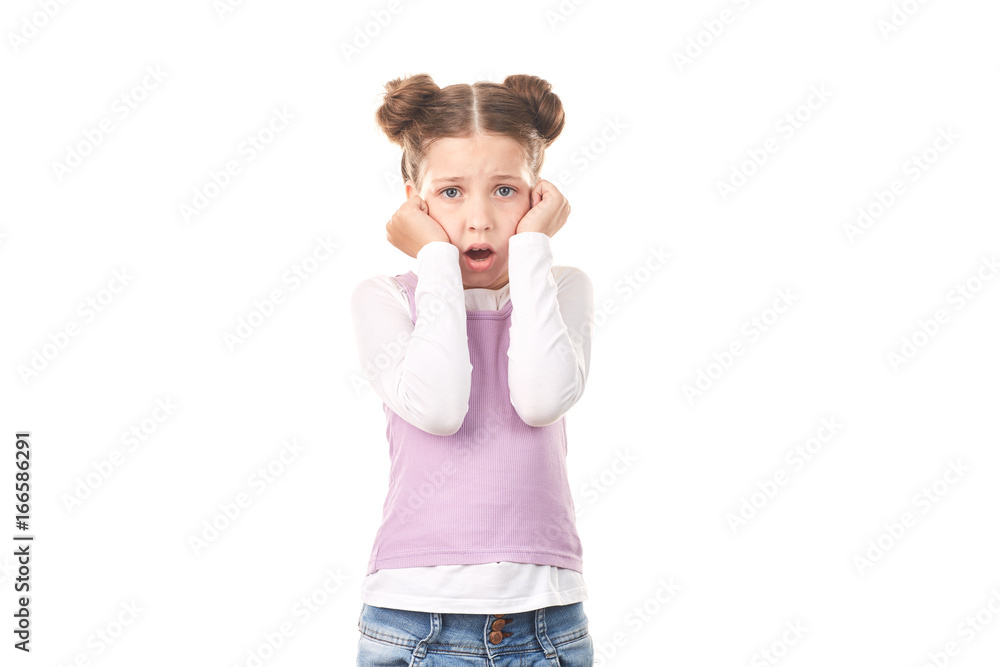 Portrait of beautiful little girl with hair buns against white background Portrait of beautiful little girl with hair buns against white background