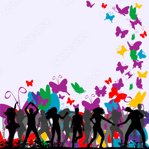 silhouette of people dancing on a background with butterflies