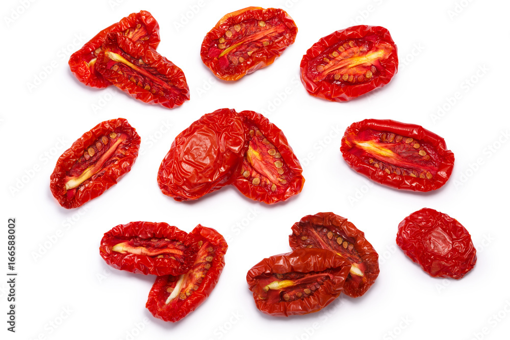 Sundried tomato halves, paths, top view Sundried tomato halves, paths, top view