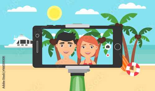 19 Aug World Photography Day. Photo selfie stick for phone. Rest on the shore of the ocean or sea.