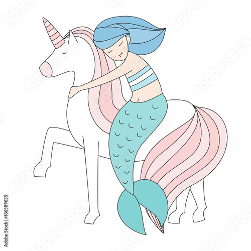 Mermaid and unicorn isolated vector illustration