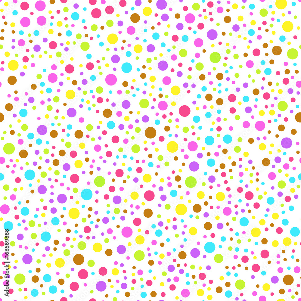 Circle colorful seamless pattern with different size and color on white background.