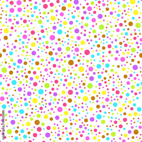 Circle colorful seamless pattern with different size and color on white background.