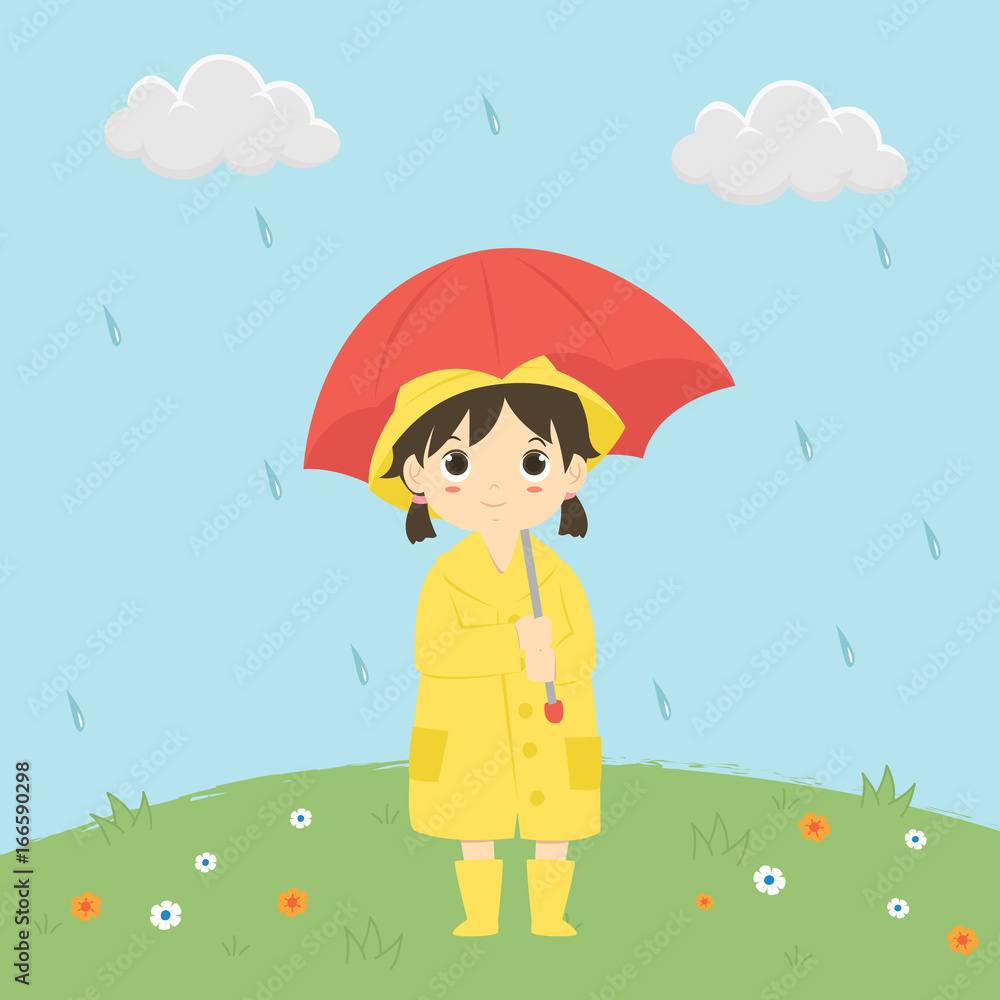 little girl in raincoat holding a red umbrella standing under the rain,  cartoon vector illustration. Stock Vector | Adobe Stock