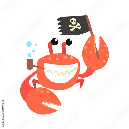 Funny cartoon crab pirate smoking pipe and holding black flag colorful character vector Illustration