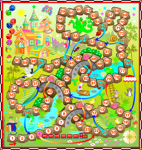 A board game for children with a dice. Map of a fairytale country. Vector cartoon image.