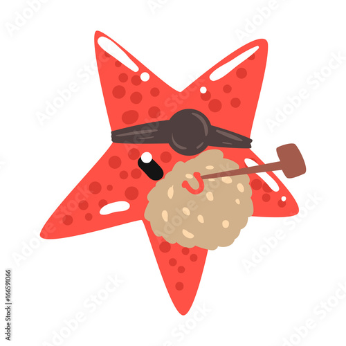 Funny cartoon red starfish pirate with an eye patch smoking pipe colorful character vector Illustration