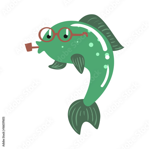 Funny cartoon green fish in glasses smoking pipe colorful character vector Illustration