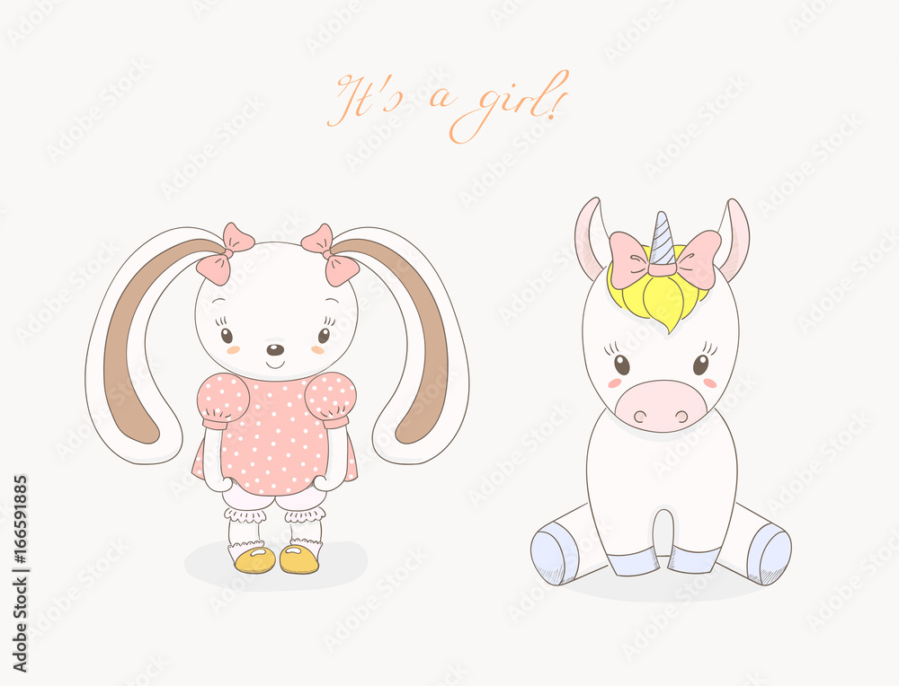 Hand drawn vector illustration of cute animal baby girls: smiling rabbit and unicorn with ribbons, text It s a girl. Hand drawn vector illustration of cute animal baby girls: smiling rabbit and unicorn with ribbons, text It s a girl.