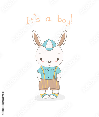 Hand drawn vector illustration of a little smiling bunny boy in baseball cap, shorts with suspenders and sports shoes, text It s a boy.