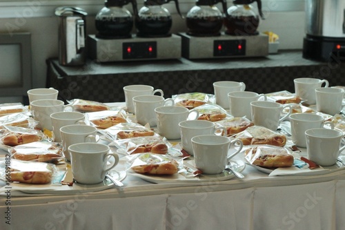 coffee break in row prepare coffee set with bread