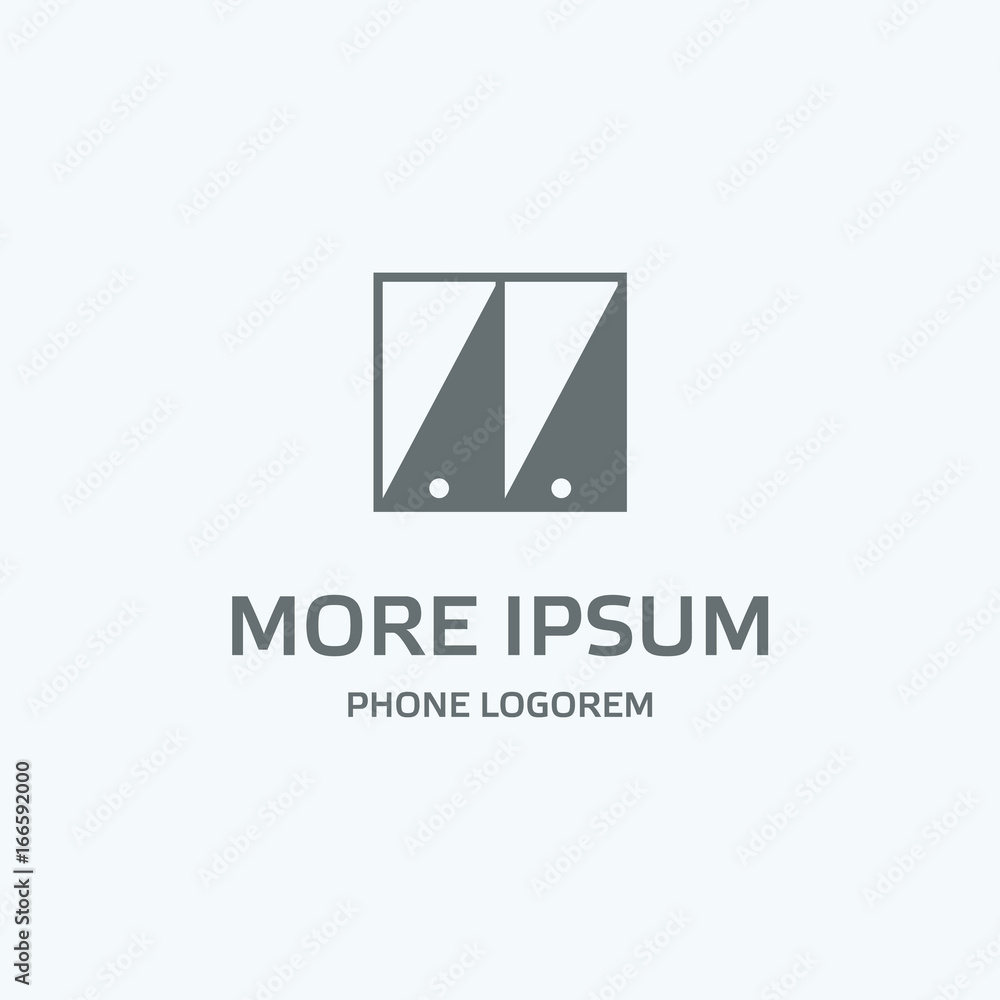 Gray phone logo template. Two flat phones with a glare on the screen it looks like the letter M. Isolated vector icon with text for mobile on a white background. Gray phone logo template. Two flat phones with a glare on the screen it looks like the letter M. Isolated vector icon with text for mobile on a white background.