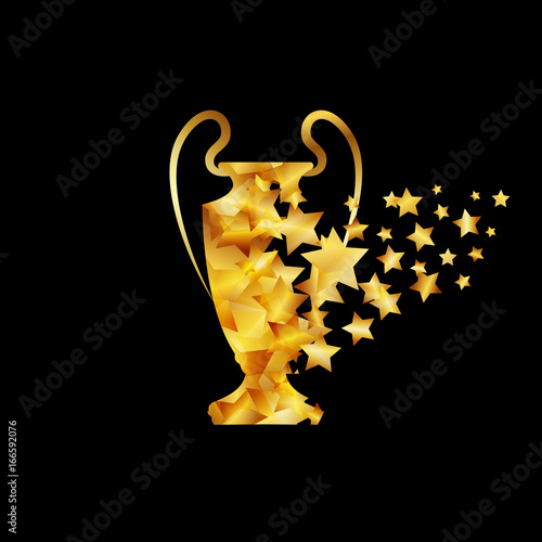 Champions cup illustration. Gold star particles form a sport trophy silhouette.