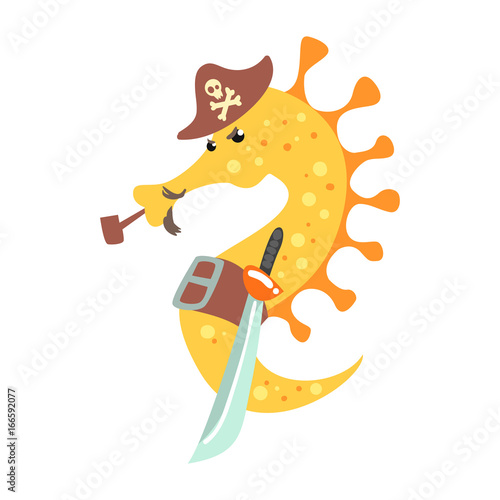 Funny cartoon seahorse pirate in a hat smoking pipe and holding sword colorful character vector Illustration