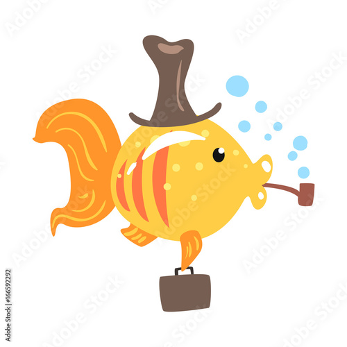 Funny cartoon golden fish in a hat with briefcase smoking pipe colorful character vector Illustration