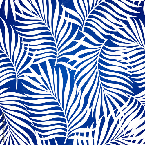 Seamless repeating pattern with silhouettes of palm tree leaves in blue background.