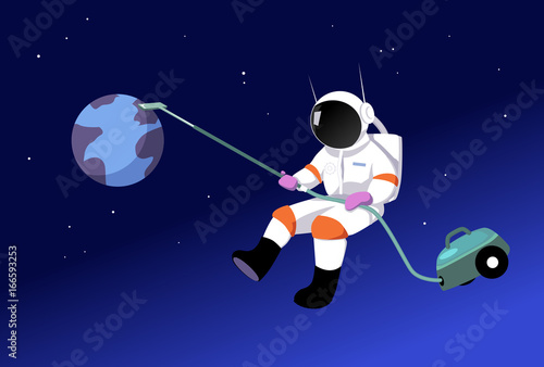 Astronaut vacuuming Earth as a metaphor for an environmental consciousness, EPS 8 vector illustration