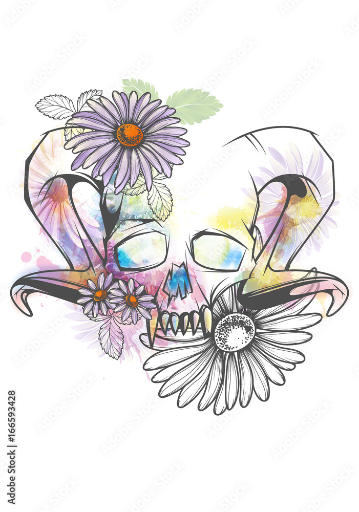 Human skull with horns and sharp teeth decorated with bright watercolor splashes and flowers Human skull with horns and sharp teeth decorated with bright watercolor splashes and flowers