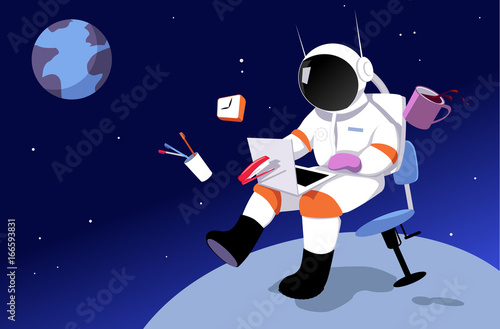 An astronaut working in on a laptop in zero gravity, surrounded by office tool, away from Earth as a metaphor for a remote job, EPS 8 vector illustration 