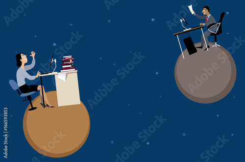 Male and female coworkers communicating from their remote work stations on different planets, EPS 8 vector illustration